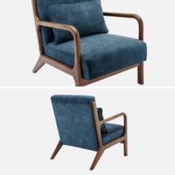 sweeek Scandi-style armchair in velvet & light walnut-stained hevea wood in Dark Blue - thumbnail 5