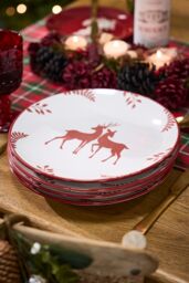 Dibor 24 Piece Red Plates & Bowls Reindeer Christmas Dinner Set 8 Person Christmas Crockery Set - Size: 24 Pack - thumbnail 4