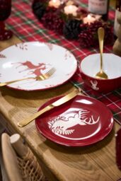 Dibor 24 Piece Red Plates & Bowls Reindeer Christmas Dinner Set 8 Person Christmas Crockery Set - Size: 24 Pack - thumbnail 3