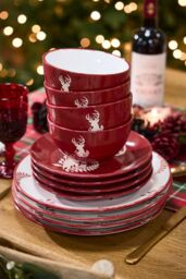 Dibor 24 Piece Red Plates & Bowls Reindeer Christmas Dinner Set 8 Person Christmas Crockery Set - Size: 24 Pack