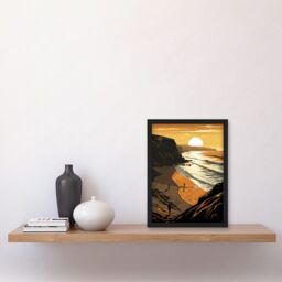 Artery8 Atmospheric Sunset at Beach Cove Coastal Landscape Artwork Framed Wall Art Print A4 in Black - thumbnail 2