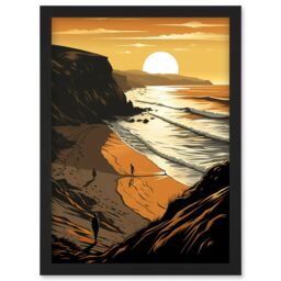 Artery8 Atmospheric Sunset at Beach Cove Coastal Landscape Artwork Framed Wall Art Print A4 in Black - thumbnail 1