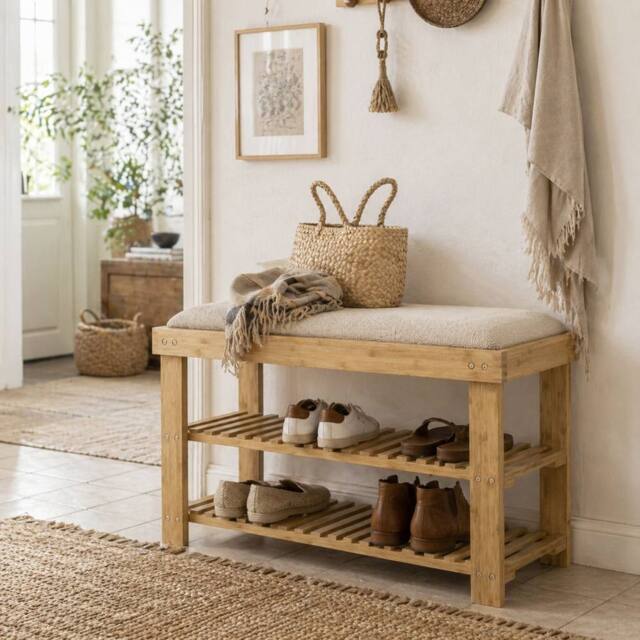 Wyld Haus Fisuso 60cm Bamboo Shoe Bench Cream White with Cushioned Seat in Natural - image 1