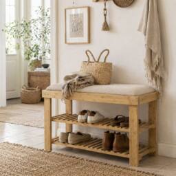 Wyld Haus Fisuso 60cm Bamboo Shoe Bench Cream White with Cushioned Seat in Natural