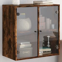 Berkfield Home Wall Cabinet with Glass Doors Smoked Oak 68x37x68.5 cm in Brown - thumbnail 1