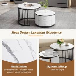 Matteo Modern Round Nesting Coffee Table Set with Marble Top & 2 Drawers in White - thumbnail 7