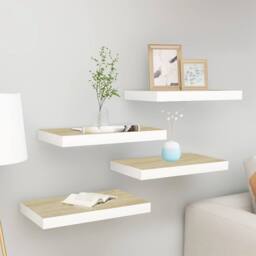 Berkfield Home Floating Wall Shelves 4 pcs Oak & White 40x23x3.8 cm MDF in Brown - thumbnail 2