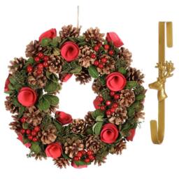 Dibor 35cm Red Berries & Roses Christmas Wreath with Deer Wreath Hanger