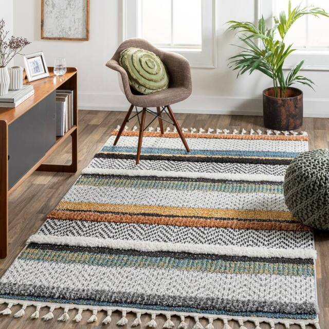 Livabliss Lofty-Shaggy Off-White Black Yellow Vintage Boho Plush Soft Pile Fringe Living Bedroom Rug in Cream - Size: 160 cm x 215 cm - image 1