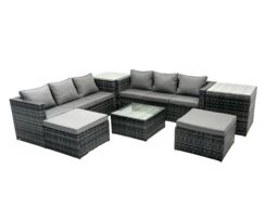 Fimous 8 Seater Patio Lounge Sofa Set with 2 Side Tables 2 Big Footstools in Dark Grey - thumbnail 2