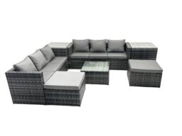 Fimous 8 Seater Patio Lounge Sofa Set with 2 Side Tables 2 Big Footstools in Dark Grey - thumbnail 1