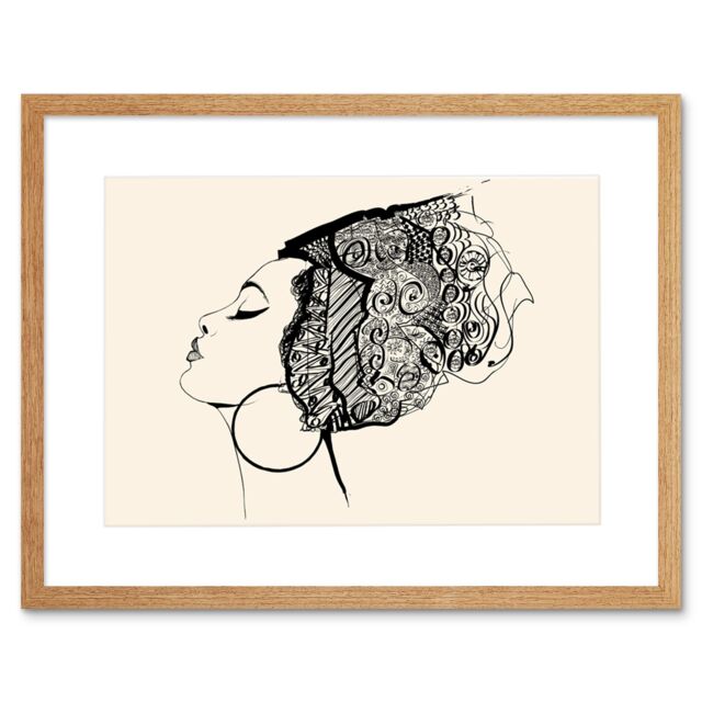 "Artery8 Wall Art Print Woman with Headdress Art Framed 9x7 inch in Beige - Size: W7"" x H9""" - image 1