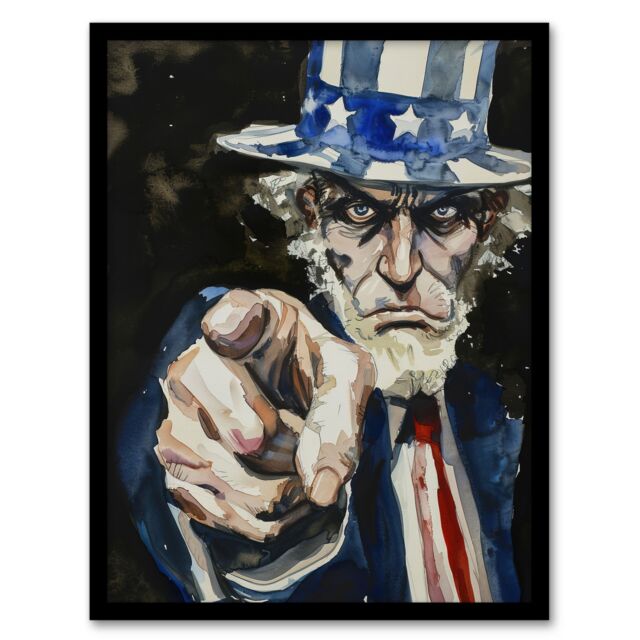 "Artery8 War WWII USA Uncle Sam Want You Sinister Dark Framed Art Print in Blue - Size: W12"" x H16""" - image 1