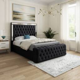 Casani Ludgershall Mirror Upholstered Black Soft Velvet Designer Bed Frame - Size: Double - thumbnail 1