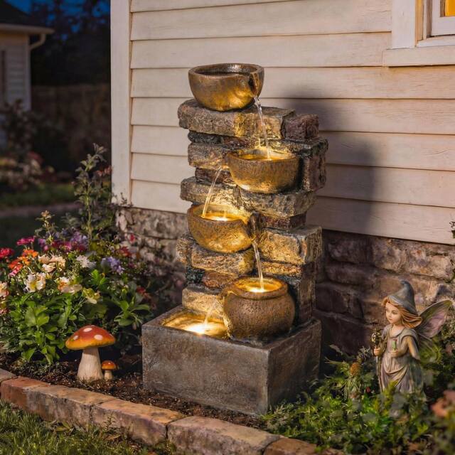 OUTSUNNY Outdoor Fountain with LED Lights, Cascading Waterfall Feature in Brown - image 1
