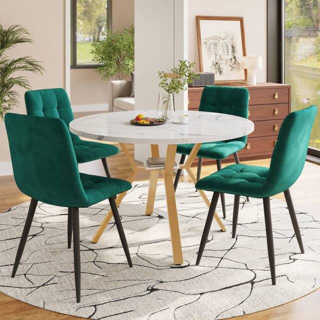 BTM round marble dining table set with 4 chairs & metal legs in Green - image 1