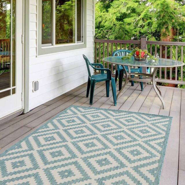 THE RUGS Outdoor Indoor Aqua Ivory Geometric Diamond Rug Weather Resistant - Size: 80 cm x 150 cm - image 1