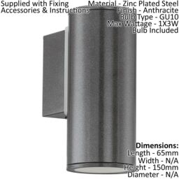 Loops IP44 Outdoor Wall Light Anthracite Zinc Plated Steel 1 x 3W GU10 Bulb in Metallics - thumbnail 2