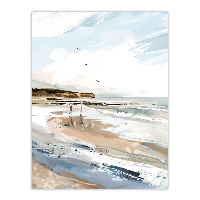 "Artery8 Filey Beach Watercolour Coastal Landscape England Wall Art Print in Beige - Size: W24"" x H32""" - image 1