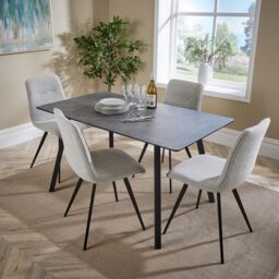 Home Source Dining Set 140cm Table 4 Boucle Beige Chairs Home Kitchen Metal Legs in Dark Grey