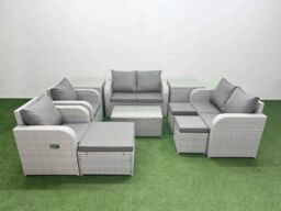 Fimous 9 Seater Outdoor Reclining Chair Love Sofa Set Rattan Garden Furniture Set with Rectangular Coffee Table 3 Stools 2 Side Table Light Grey - thumbnail 1
