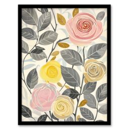 "Artery8 Rose Flowers Pink Yellow Grey Bright Design Framed Art Print - Size: W12"" x H16""" - thumbnail 1