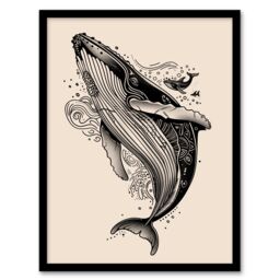Artery8 Humpback Whale with Tribal Patterns Tattoo Style Framed Art Print in Beige - Size: A4 - thumbnail 1