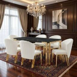 HOME LUXE INTERIOR Sorrento 180cm Black Marble Gold Leg Table & 6 Fabio Beige Chairs - thumbnail 3