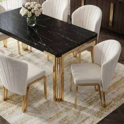 HOME LUXE INTERIOR Sorrento 180cm Black Marble Gold Leg Table & 6 Fabio Beige Chairs - thumbnail 8