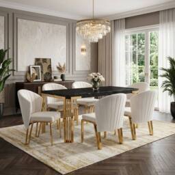 HOME LUXE INTERIOR Sorrento 180cm Black Marble Gold Leg Table & 6 Fabio Beige Chairs - thumbnail 4