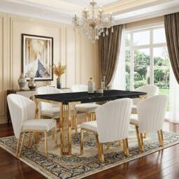 HOME LUXE INTERIOR Sorrento 180cm Black Marble Gold Leg Table & 6 Fabio Beige Chairs - thumbnail 2