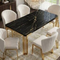 HOME LUXE INTERIOR Sorrento 180cm Black Marble Gold Leg Table & 6 Fabio Beige Chairs - thumbnail 5