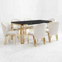 HOME LUXE INTERIOR Sorrento 180cm Black Marble Gold Leg Table & 6 Fabio Beige Chairs - thumbnail 1