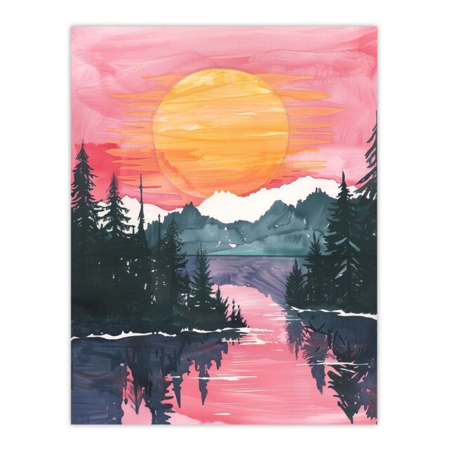 "Artery8 Lake Tahoe Forest Winter Sun Sunset Watercolour Wall Art Print in Pink - Size: W12"" x H16""" - image 1