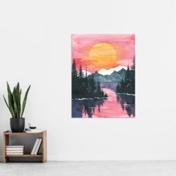 "Artery8 Lake Tahoe Forest Winter Sun Sunset Watercolour Wall Art Print in Pink - Size: W12"" x H16""" - thumbnail 4