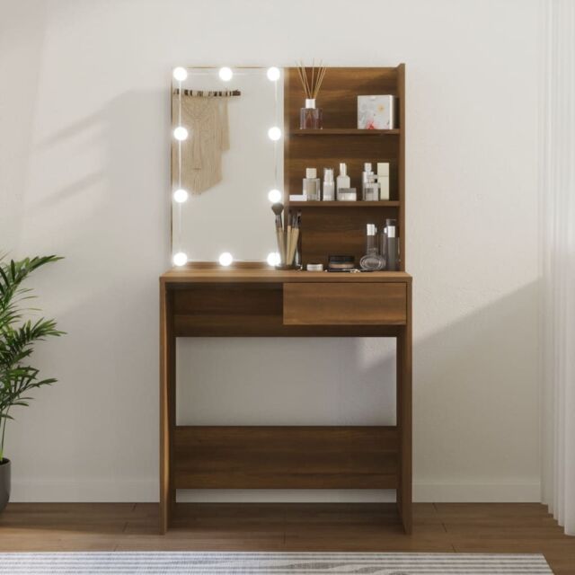 Berkfield Home Dressing Table with LED Brown Oak 74.5x40x141 cm - image 1