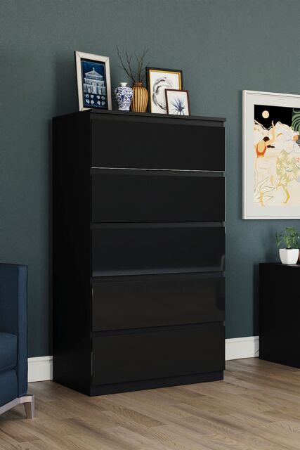Home Discount Vida Designs Glinton 'HIGH GLOSS 5 Drawer Chest of Drawers' Storage Bedroom Furniture in Black - image 1