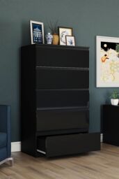 Home Discount Vida Designs Glinton 'HIGH GLOSS 5 Drawer Chest of Drawers' Storage Bedroom Furniture in Black - thumbnail 2