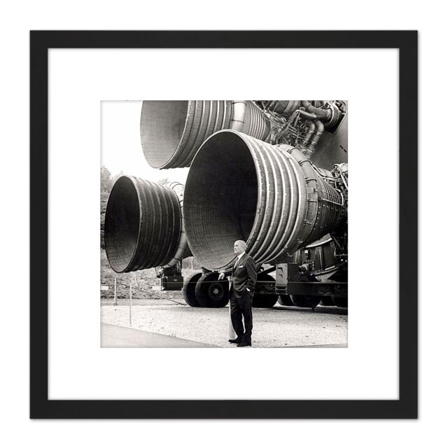 Artery8 Space NASA Von Braun Saturn V F-1 Rocket Thrusters Photo 8X8 Inch Square Wooden Framed Wall Art Print Picture with Mount in Black - image 1