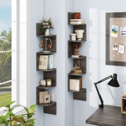 Gymax 5-Tier Wooden Corner Shelf Wall-Mounted Floating Corner Bookshelf in Grey - thumbnail 9