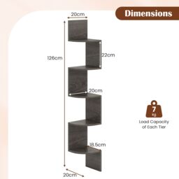 Gymax 5-Tier Wooden Corner Shelf Wall-Mounted Floating Corner Bookshelf in Grey - thumbnail 2
