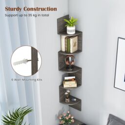 Gymax 5-Tier Wooden Corner Shelf Wall-Mounted Floating Corner Bookshelf in Grey - thumbnail 6