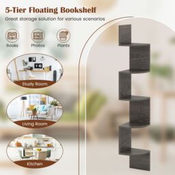 Gymax 5-Tier Wooden Corner Shelf Wall-Mounted Floating Corner Bookshelf in Grey - thumbnail 7