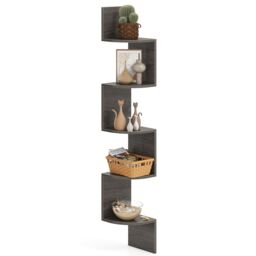 Gymax 5-Tier Wooden Corner Shelf Wall-Mounted Floating Corner Bookshelf in Grey - thumbnail 1