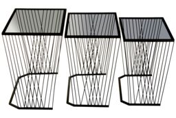 Orsina Set Of Three Grey Glass Top Black Side Table with Openwire Frame, Black Bedside Tables For Living Room - thumbnail 3