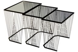 Orsina Set Of Three Grey Glass Top Black Side Table with Openwire Frame, Black Bedside Tables For Living Room