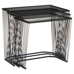 Orsina Set Of Three Grey Glass Top Black Side Table with Openwire Frame, Black Bedside Tables For Living Room - thumbnail 2