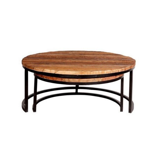 Indian Hub Round Railway Sleeper Set of 2 Coffee Tables - Metal - L90 x W90 x H40 cm in Brown - image 1
