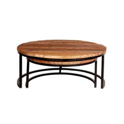 Indian Hub Round Railway Sleeper Set of 2 Coffee Tables - Metal - L90 x W90 x H40 cm in Brown - thumbnail 1