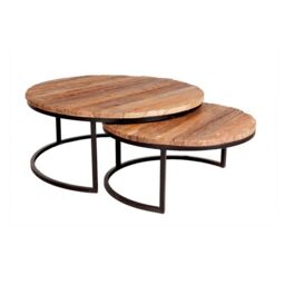 Indian Hub Round Railway Sleeper Set of 2 Coffee Tables - Metal - L90 x W90 x H40 cm in Brown - thumbnail 2